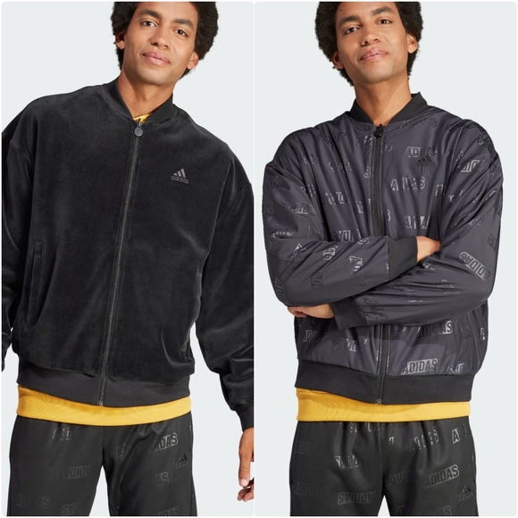 NWT Adidas Black Velvet Reversible Embossed Bomber Jacket M - Picture 1 of 8